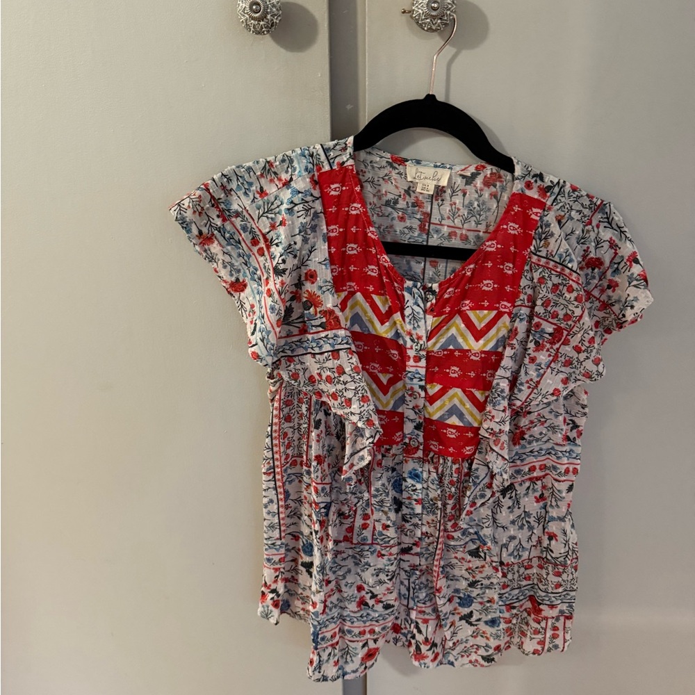 Red and White Ruffled Blouse with Geometric Print